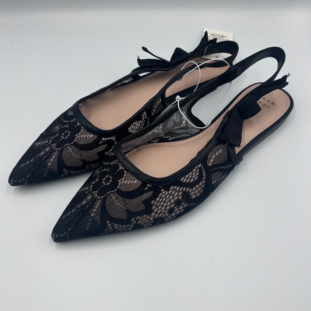 A New Day London Black Lace Slingback Pointed Toe Bow Flats 9.5 NEW